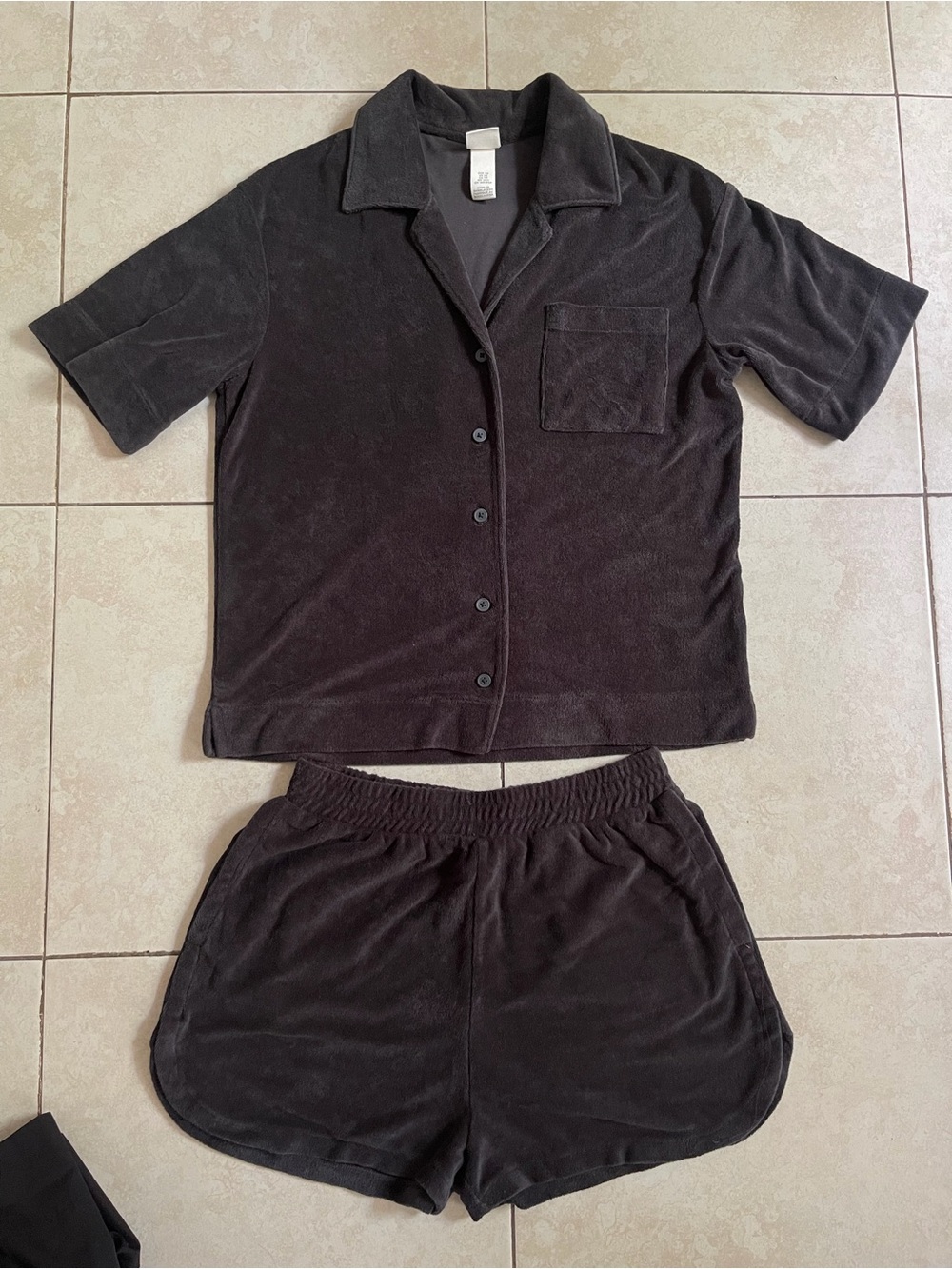 Dark Gray Matching Set Short Sleeve Shirt and Shorts in towel fabric
